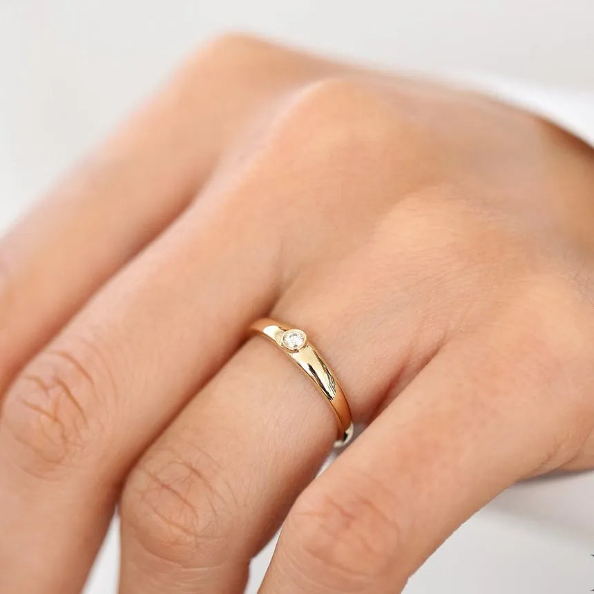 14k Solid Gold 0.07ctw Round Cut Diamond Dome Bezel Set Ring
