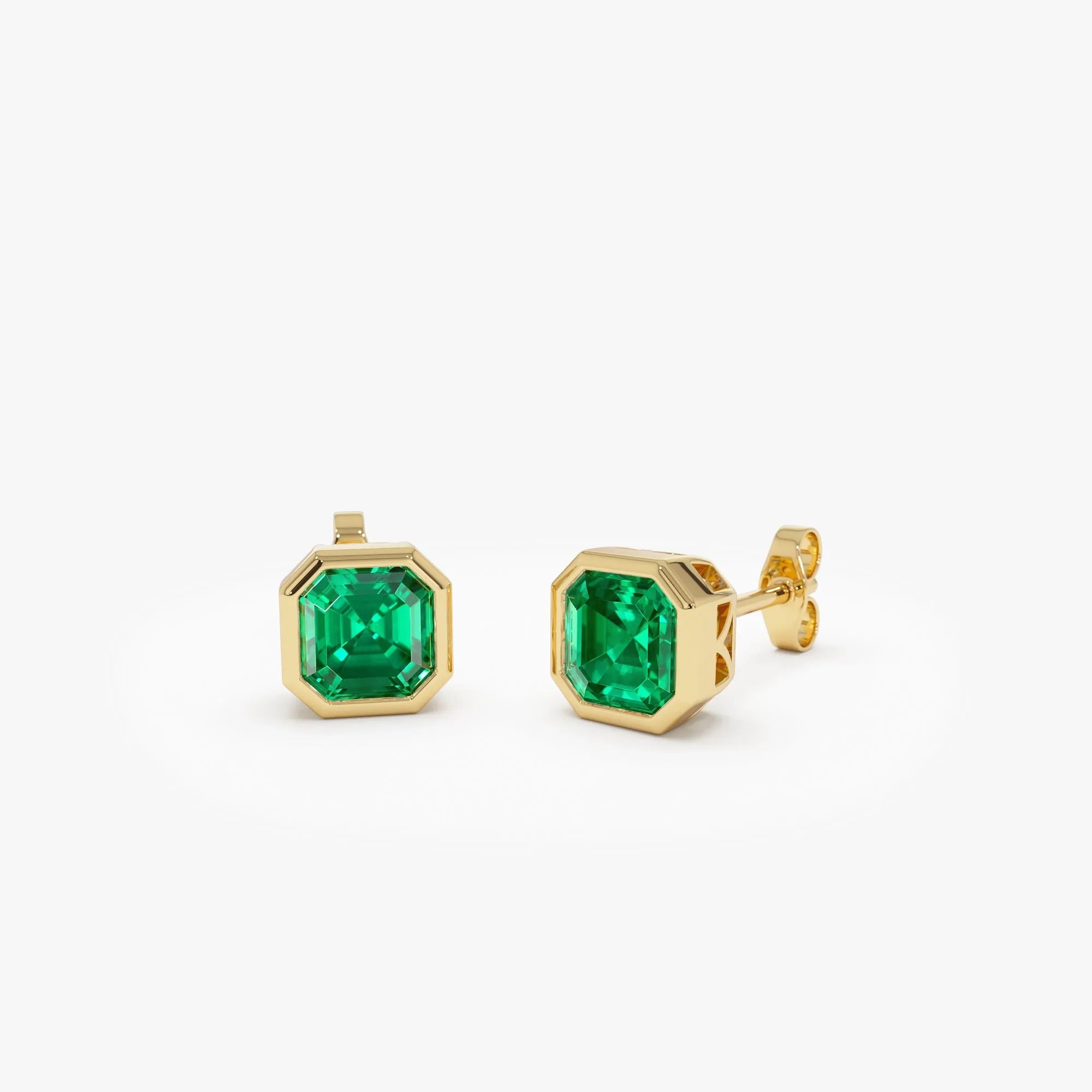 14k Gold Lab Grown Colombian Emerald Asscher Cut Bezel Setting Stud Earrings 2.30 ctw