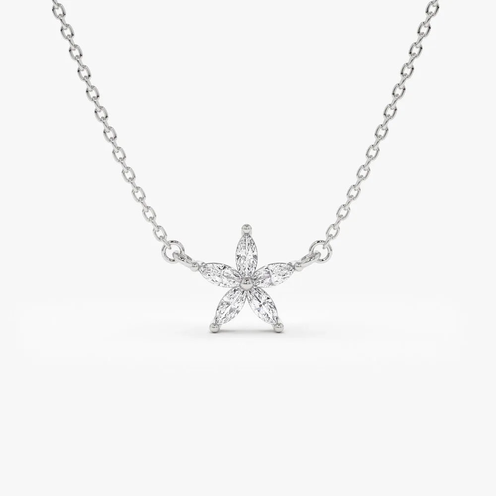 14K Solid Gold Marquise Diamond Flower Pendant Necklace 0.32ctw