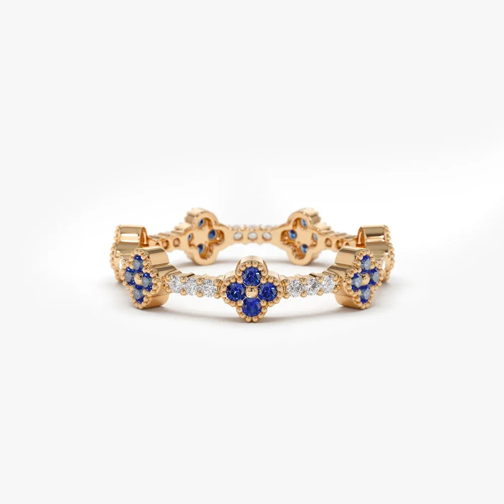 14k Gold Sapphire and Diamond Round Cut Clover Full Eternity Ring 0.45 ctw