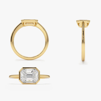 14K Solid Gold Emerald Pie Cut Diamond 0.55 Carat East West Illusion Invisible Bezel Setting Ring