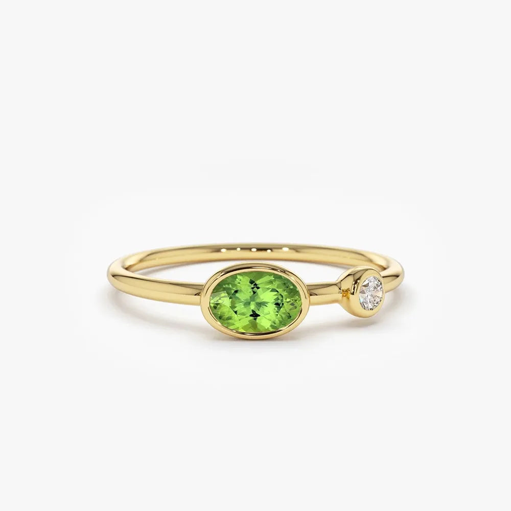 14K Solid Gold Oval Peridot and Diamond 0.56ctw Bezel Set Ring
