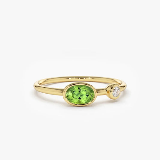 14K Solid Gold Oval Peridot and Diamond 0.56ctw Bezel Set Ring