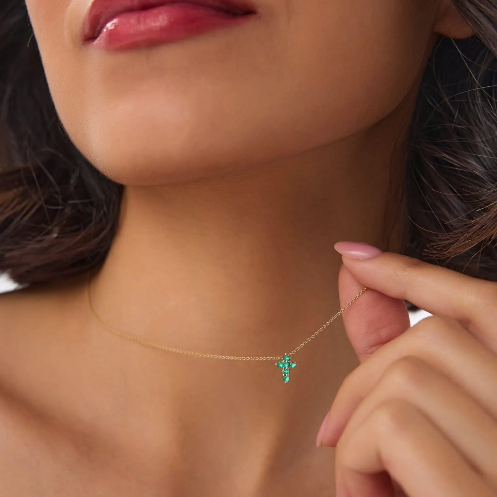 14k Solid Gold Round Emerald 0.18 CTW Tiny Cross Pendant Necklace Prong Setting