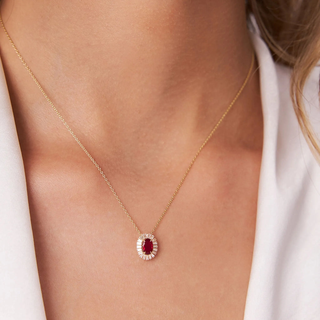 14k Solid Gold Ruby and Diamond Oval Baguette Halo Necklace 0.75 Carat Prong Setting