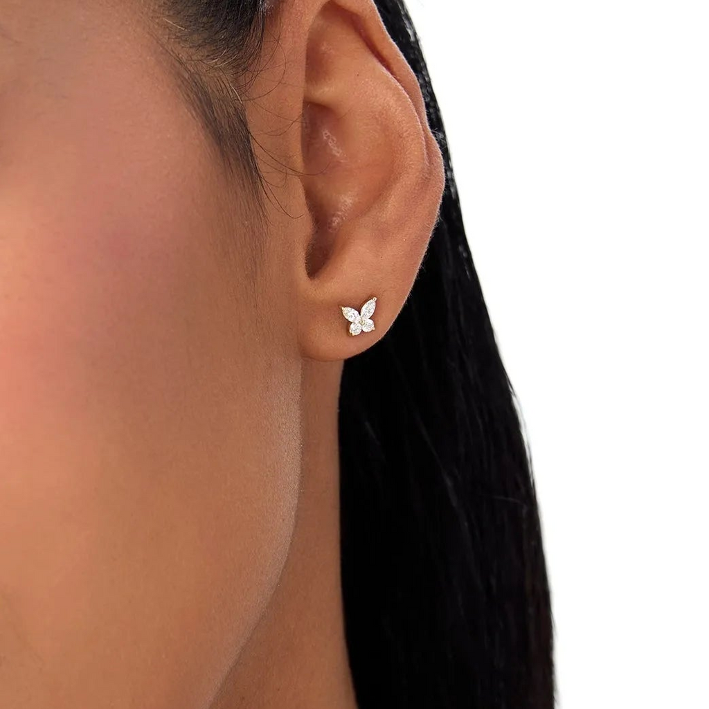 14k Gold Diamond Marquise and Round Cut Butterfly Stud Earrings 0.38 ctw