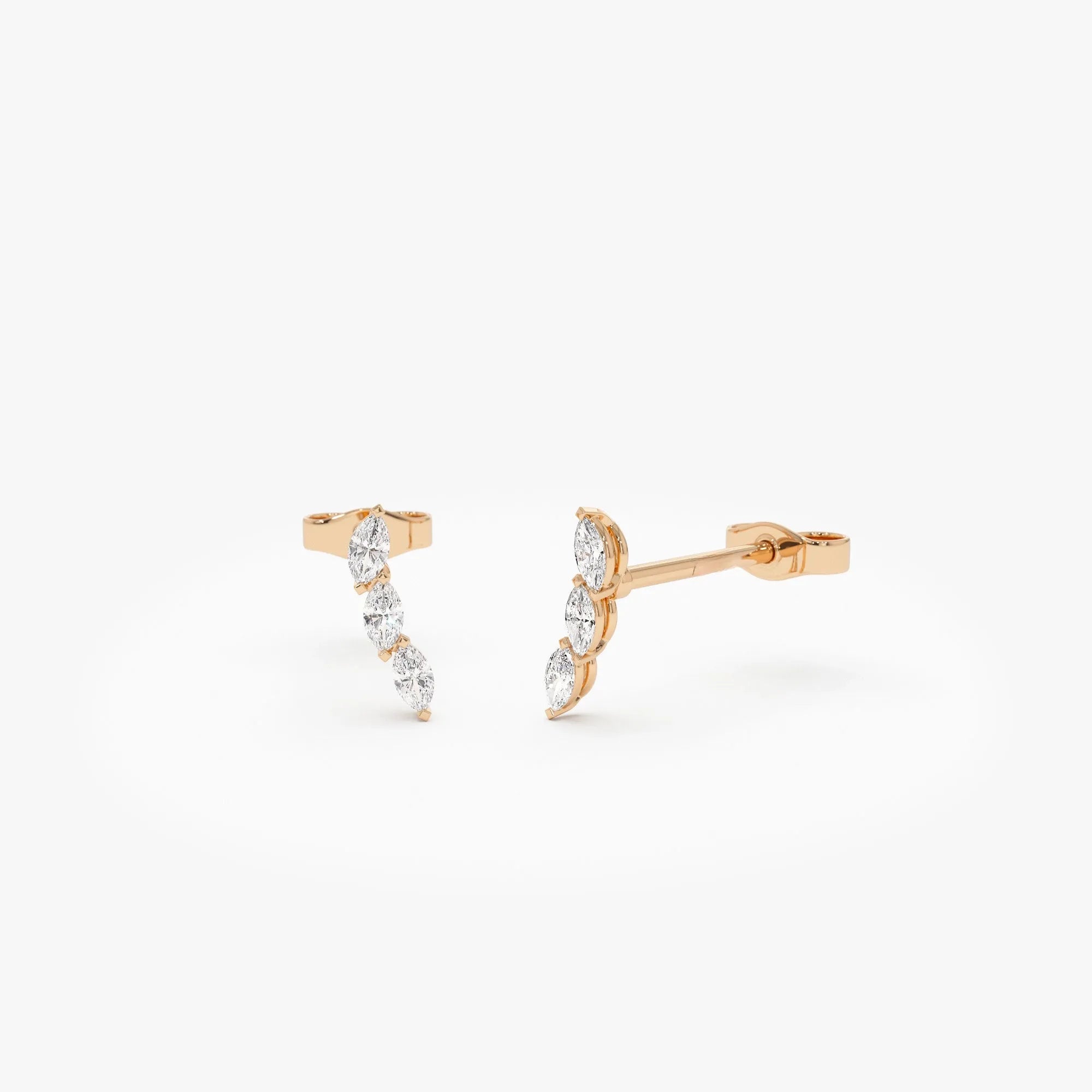 14k Gold Diamond Marquise Cut Three Stone Stud Earrings 0.18 ctw