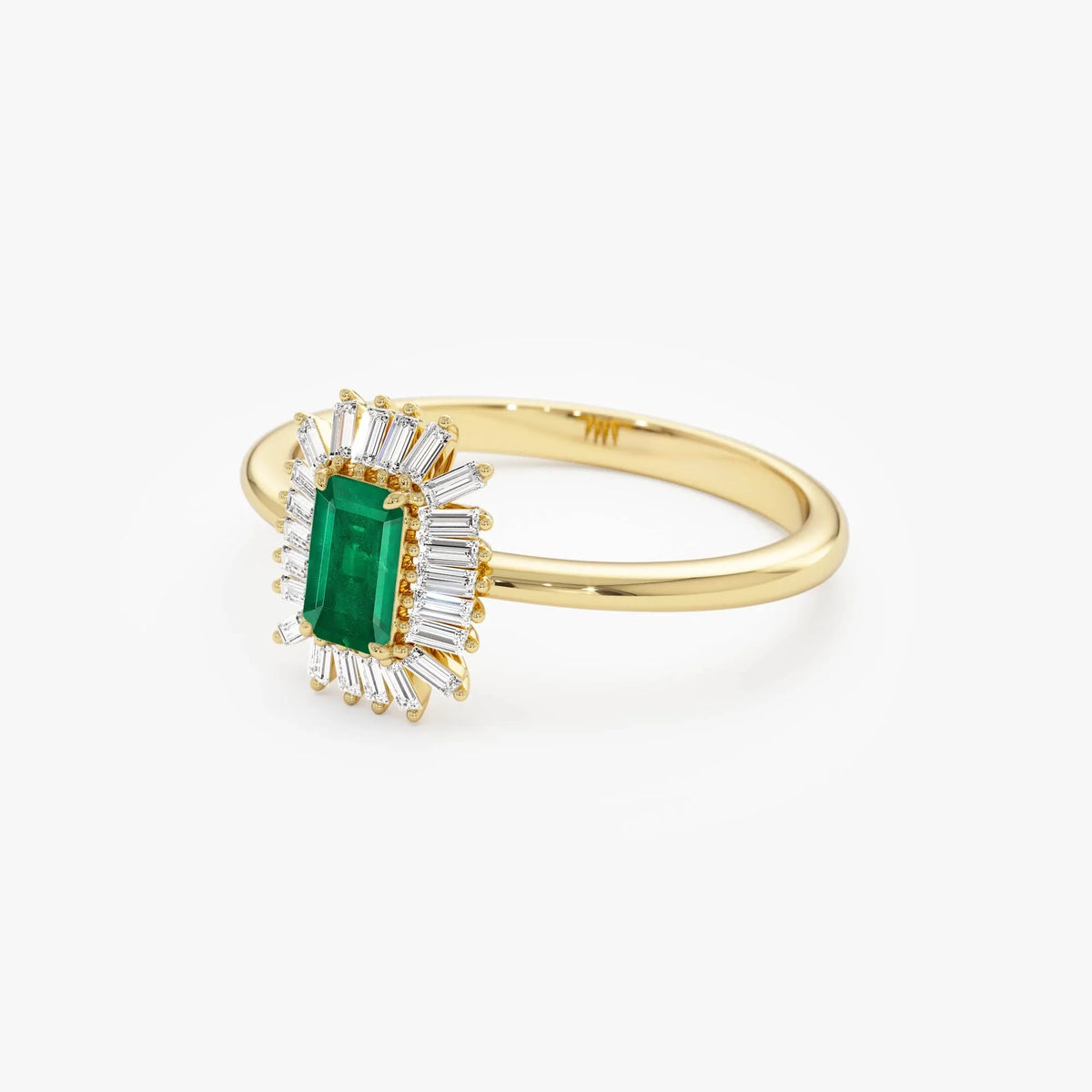 14K Gold Emerald Cut Octagon Emerald Baguette Diamond Halo Ring 0.47 CTW