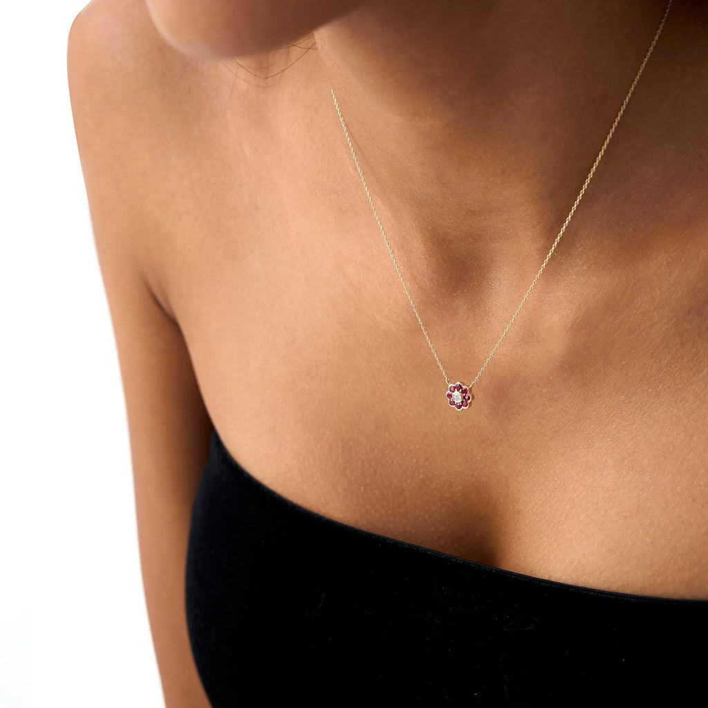 14k Solid Gold Ruby and Diamond Round Flower Necklace 0.35 Carat Bezel Setting