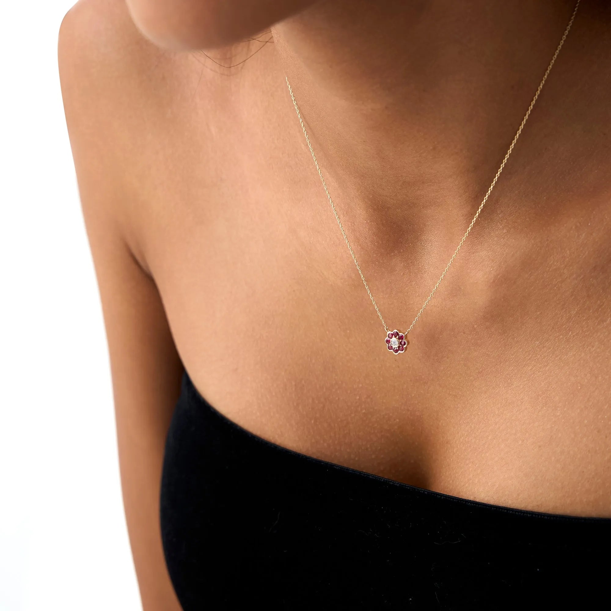 14k Solid Gold Ruby and Diamond Round Flower Necklace 0.35 Carat Bezel Setting