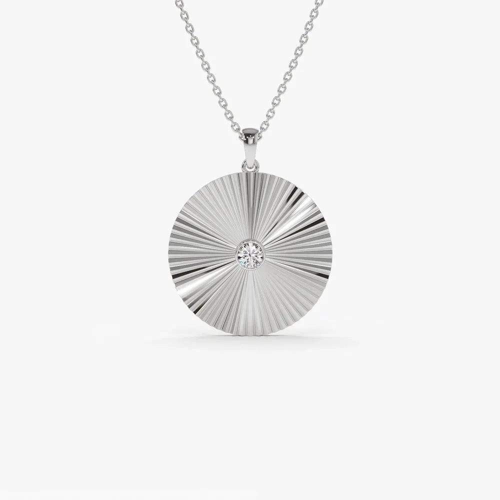 14K Solid Gold Round Diamond Large Disc Ray Pendant Necklace 0.12ctw