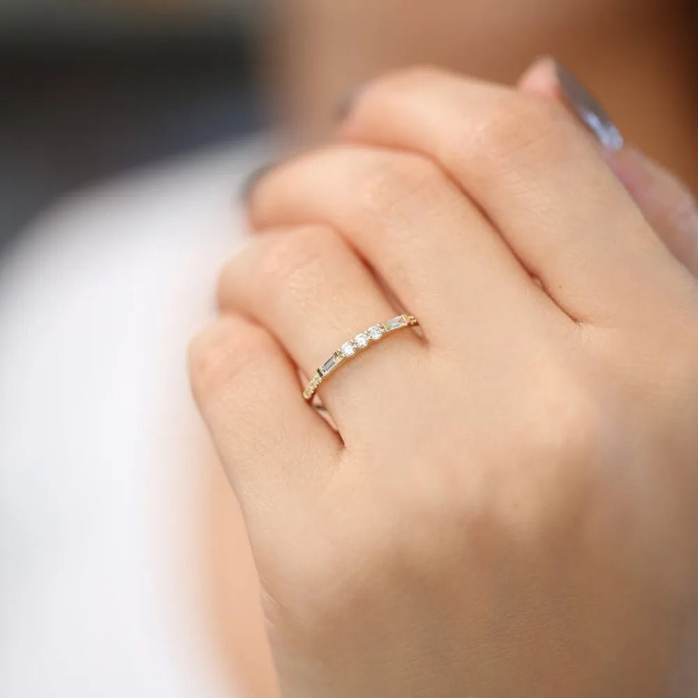 14K Solid Gold 0.23 CTW Round and Baguette Diamond Equilibrium Channel Micro Pave Ring