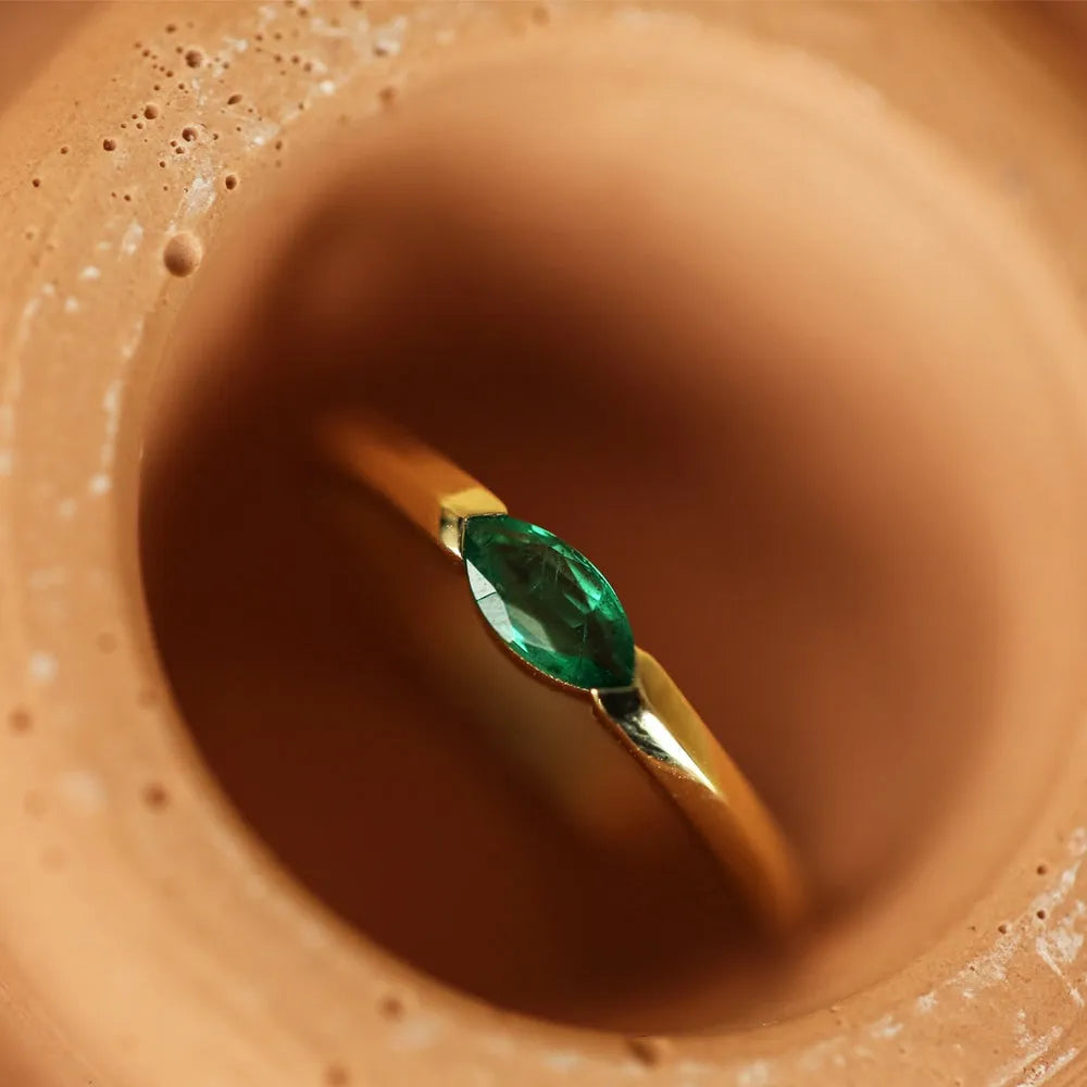 14K Gold Horizontal Marquise Natural Emerald Ring 0.25 CTW Handcrafted Jewelry