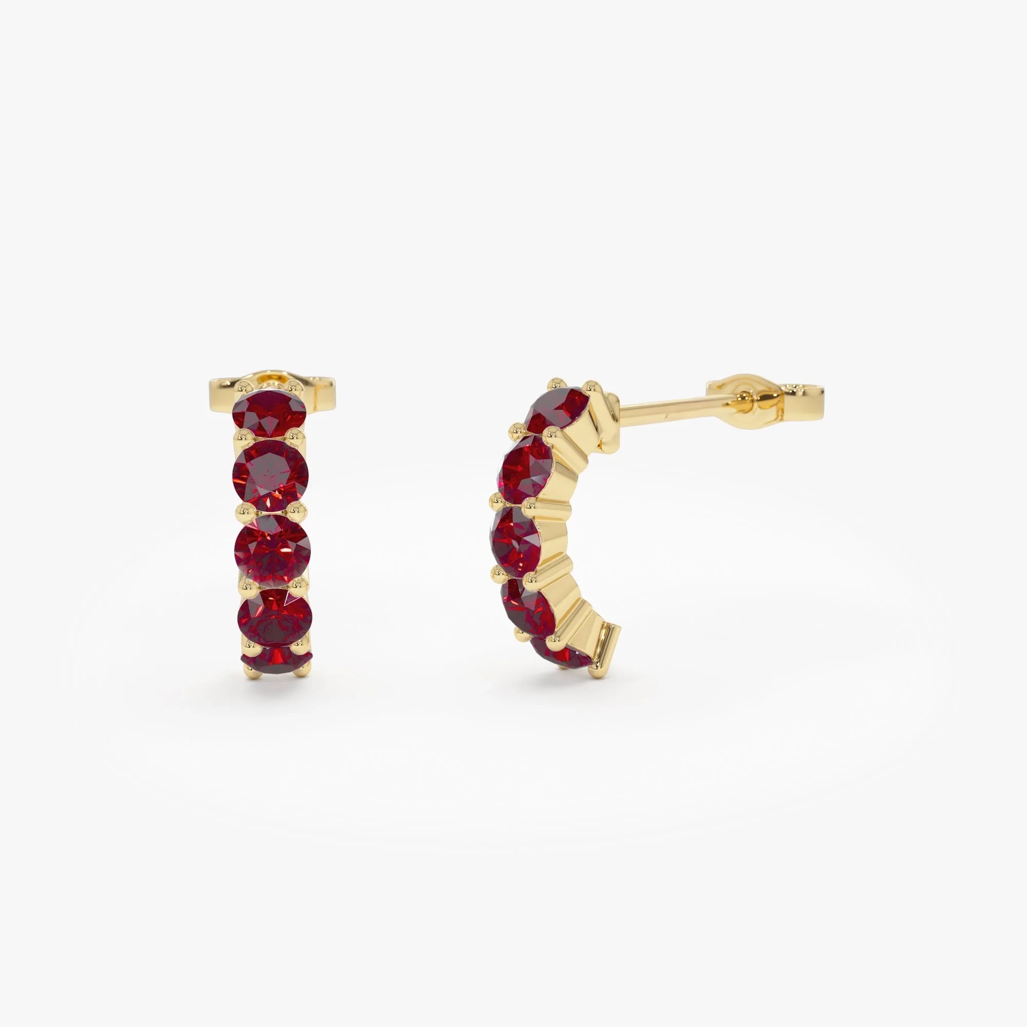 14K Solid Gold Round Garnet Prong Set Half Hoop Earrings 1.40ctw