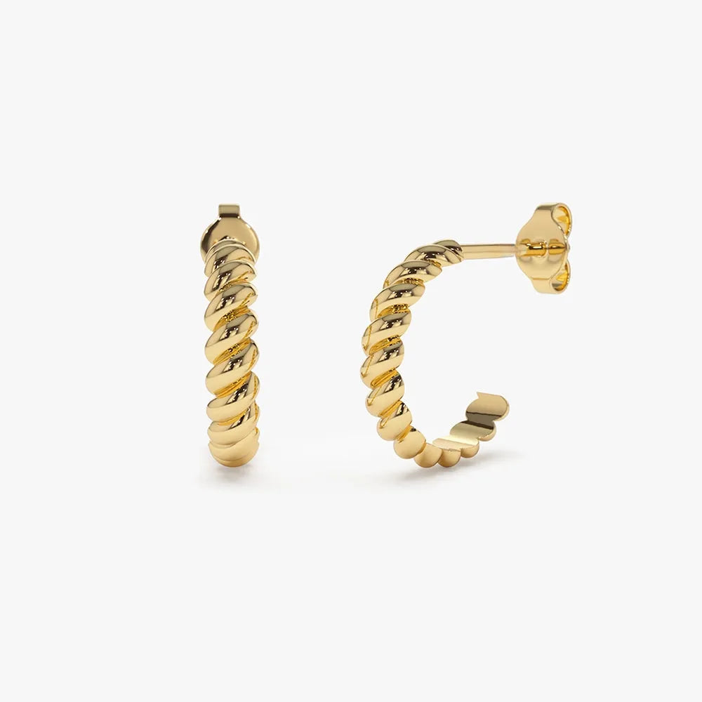 14k Solid Gold Braided Twist Lever-back Hoop Earrings 3mm Width