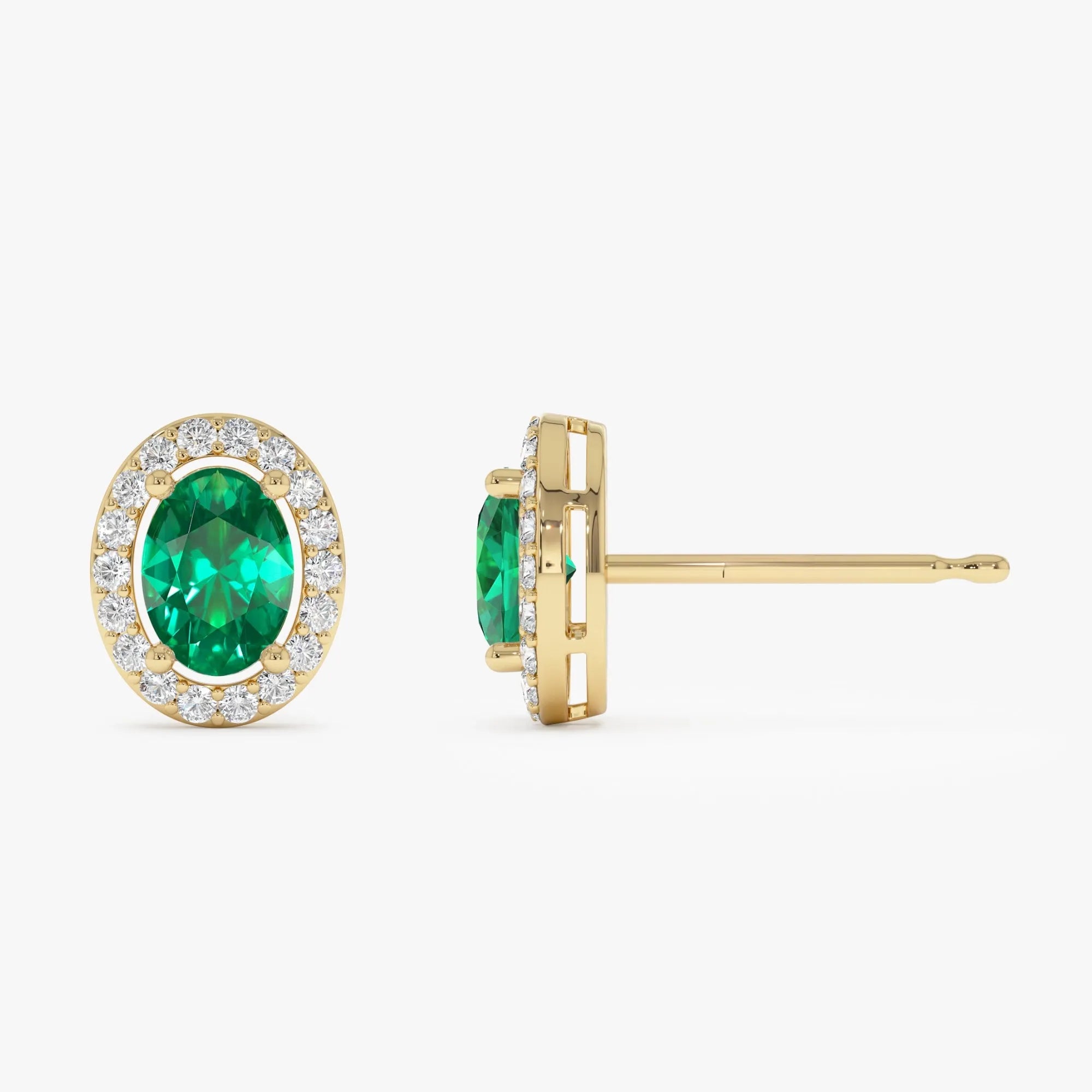 14k Gold Lab Grown Colombian Emerald and Lab Grown Diamond Oval Cut Halo Stud Earrings 1.86 ctw