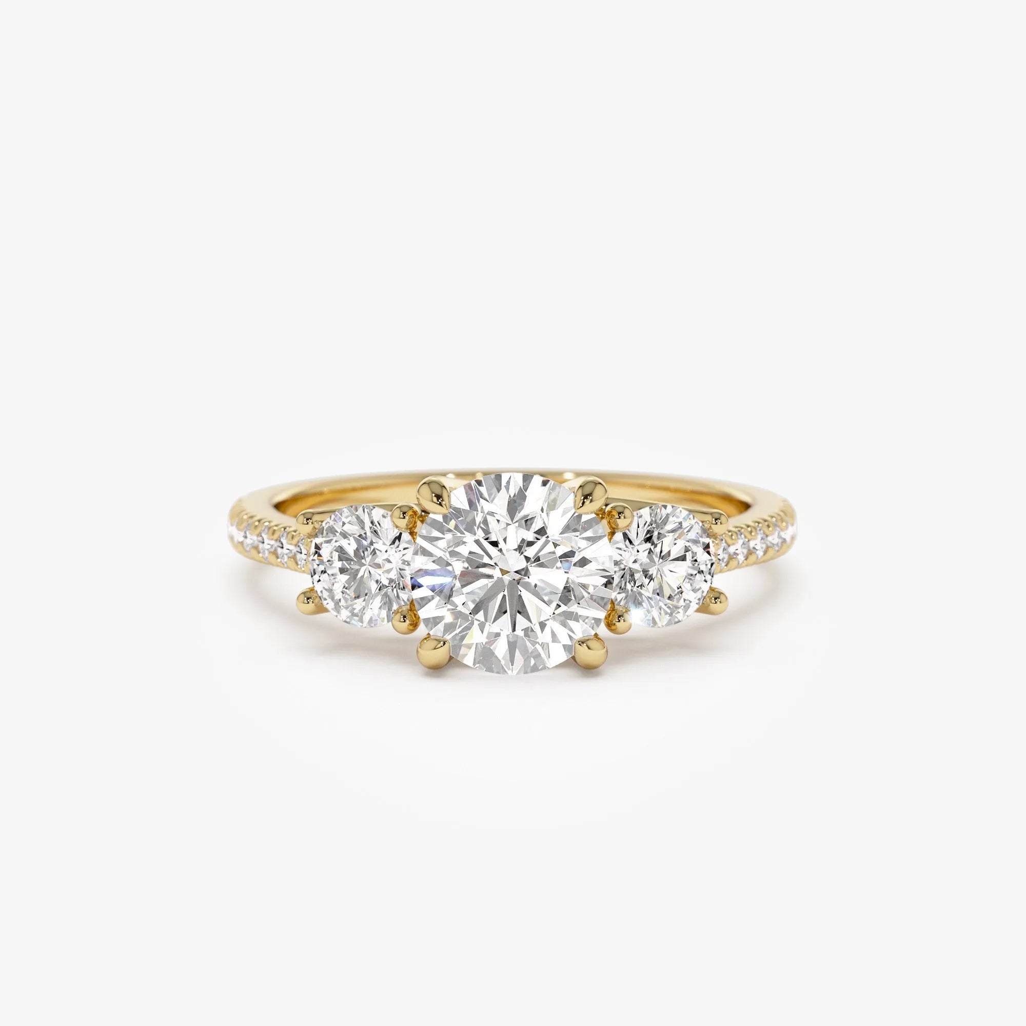 14k Gold Lab Grown Diamond Round Engagement Ring 1.65 CTW Three Stone Pave Shank