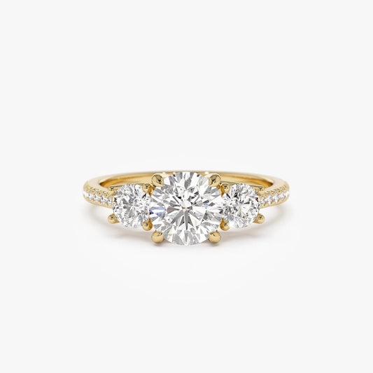 14k Gold Lab Grown Diamond Round Engagement Ring 1.65 CTW Three Stone Pave Shank