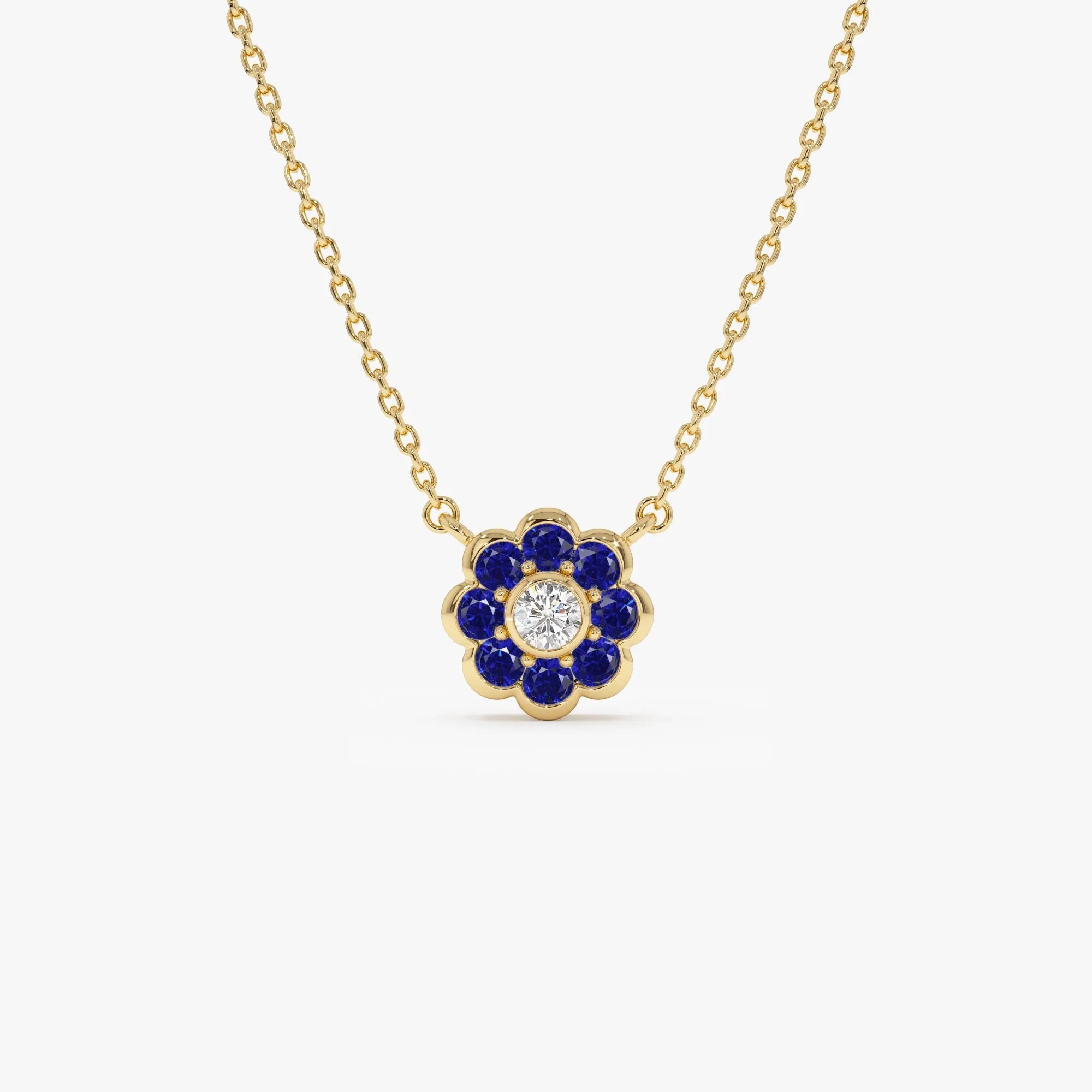 14k Solid Gold Round Sapphire 0.30 CTW and Diamond 0.05 CTW Flower Bezel Setting Necklace