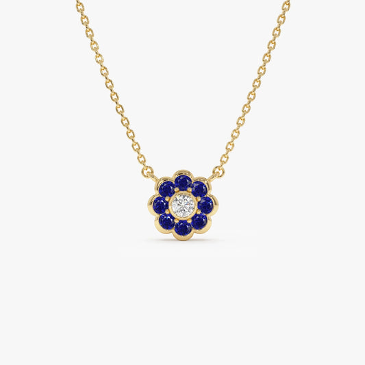 14k Solid Gold Round Sapphire 0.30 CTW and Diamond 0.05 CTW Flower Bezel Setting Necklace