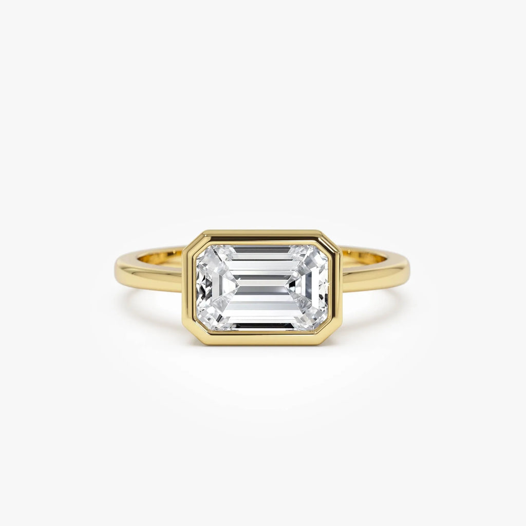 14K Gold 1.50 Carat Lab Grown Diamond Emerald Cut Engagement Ring East West Bezel Setting