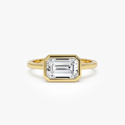 14K Gold 1.50 Carat Lab Grown Diamond Emerald Cut Engagement Ring East West Bezel Setting