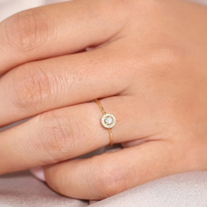 14K Solid Gold 0.12 Ctw Baguette and Round Diamond Micro Pave Halo Ring