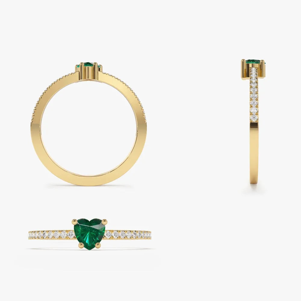 14K Solid Gold Heart Shaped Emerald and Round Diamond Ring 0.41 CTW Handcrafted Jewelry