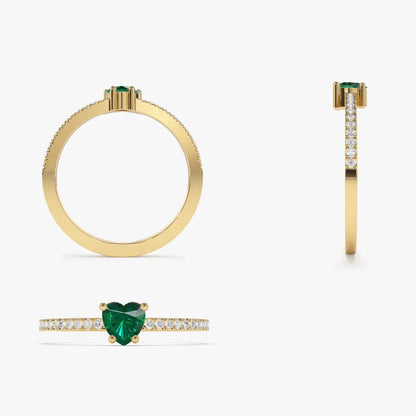 14K Solid Gold Heart Shaped Emerald and Round Diamond Ring 0.41 CTW Handcrafted Jewelry