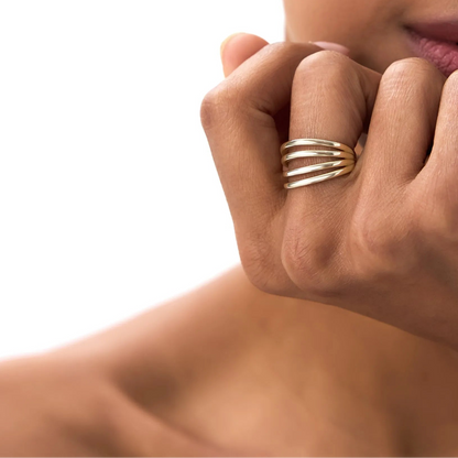 14k Gold Four Band Statement Ring Wide Multi Layer Style