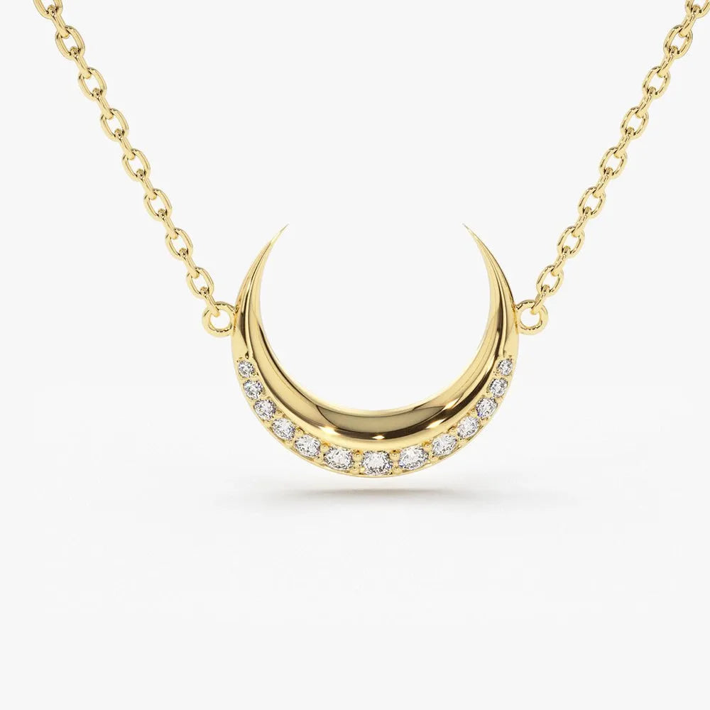 14K Solid Gold Round Diamond Micro Pave Horizontal Crescent Moon Necklace 0.26ctw