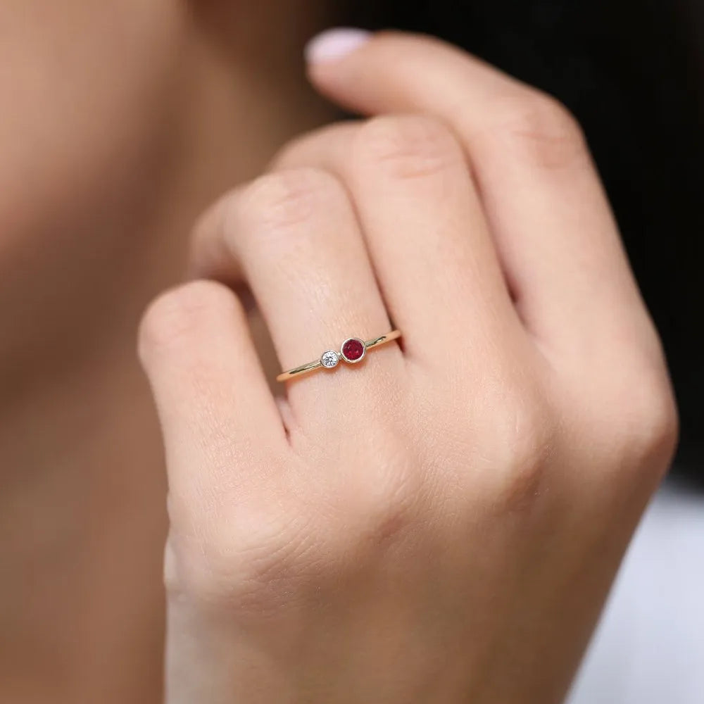 14k Gold Ruby and Diamond Round Cut Ring Bezel Setting Minimalist 0.18 ctw
