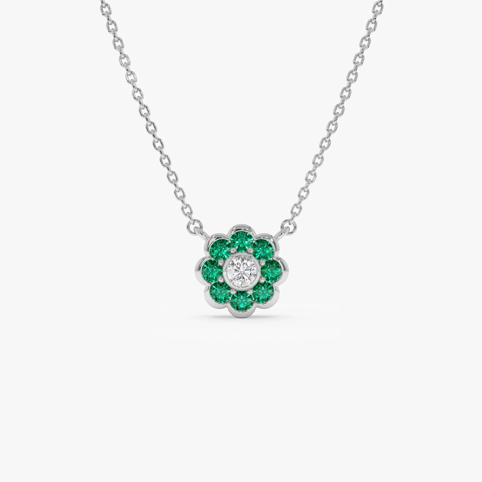 14k Solid Gold Round Emerald 0.25 CTW and Diamond 0.05 CTW Flower Bezel Setting Pendant Necklace