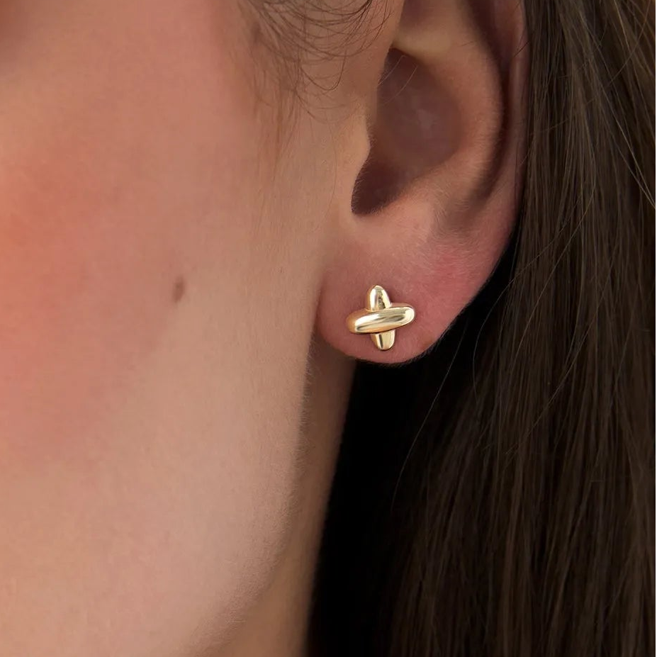 14k Solid Gold X Shape Stud Earrings Geometric Minimalist Design