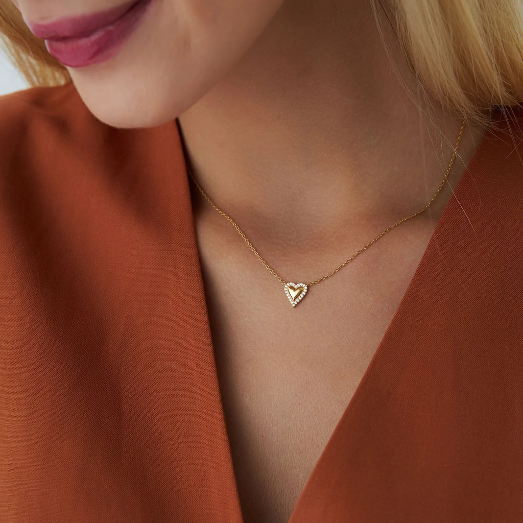 14K Solid Gold 0.12 CTW Round Diamond Puffed Heart Love Necklace