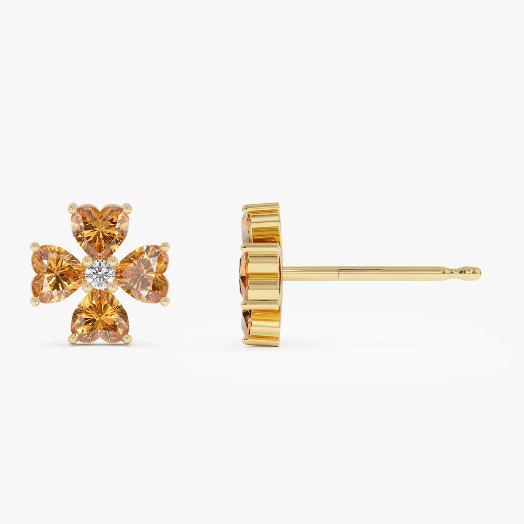 14K Solid Gold Heart Shaped Citrine and Diamond Four Leaf Clover Stud Earrings