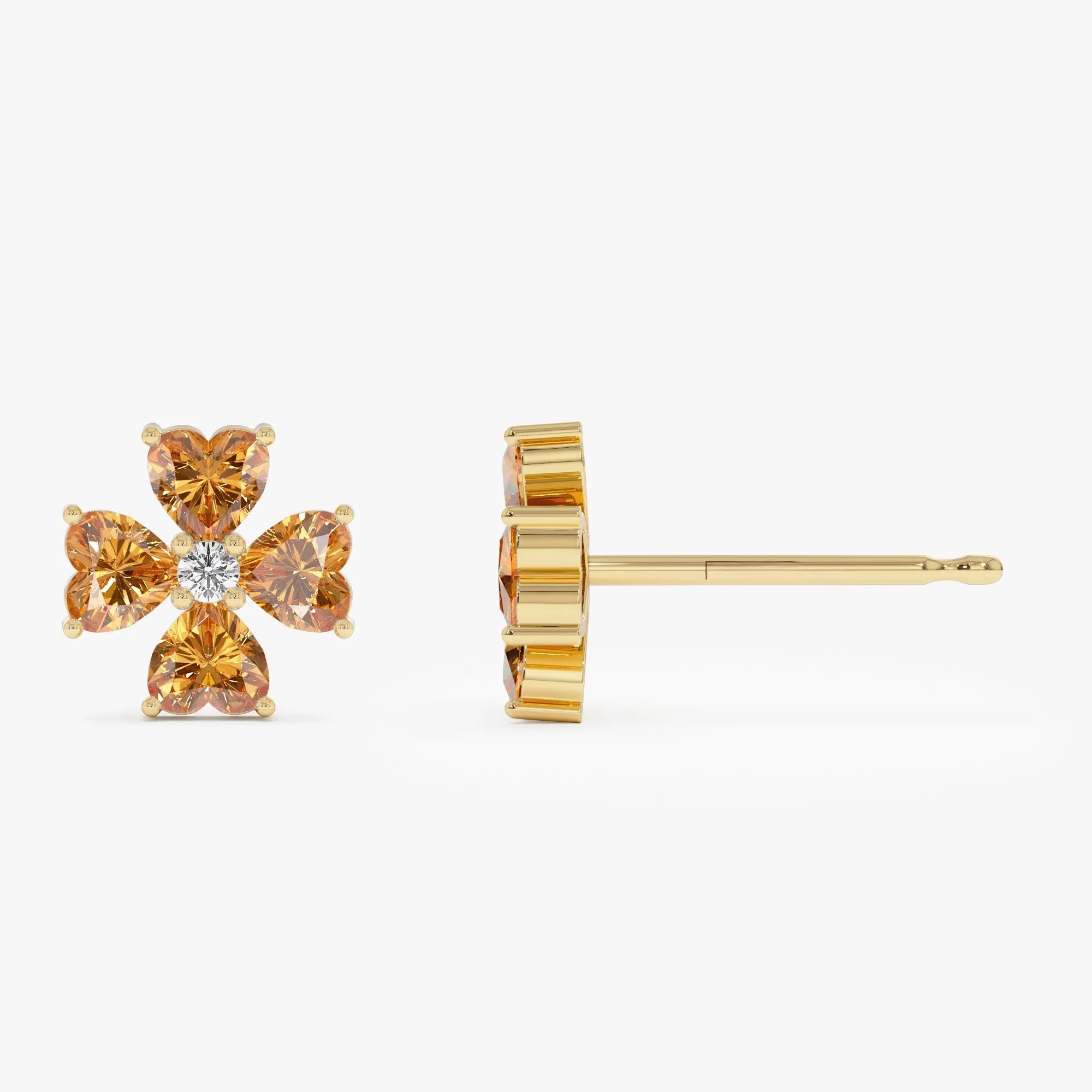14K Solid Gold Heart Shaped Citrine and Diamond Four Leaf Clover Stud Earrings