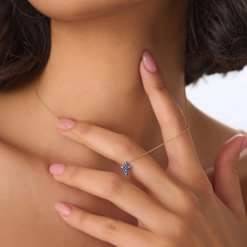 14k Solid Gold Round Sapphire Tiny Cross Pendant Necklace 0.20 Carat Prong Setting