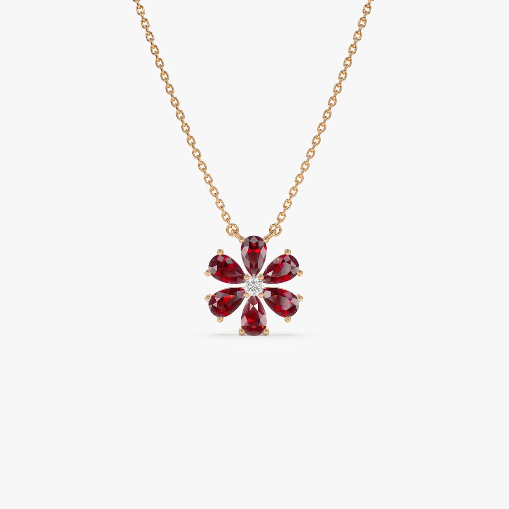 14k Solid Gold Garnet and Diamond Pear and Round Flower Necklace 1.80 Carat