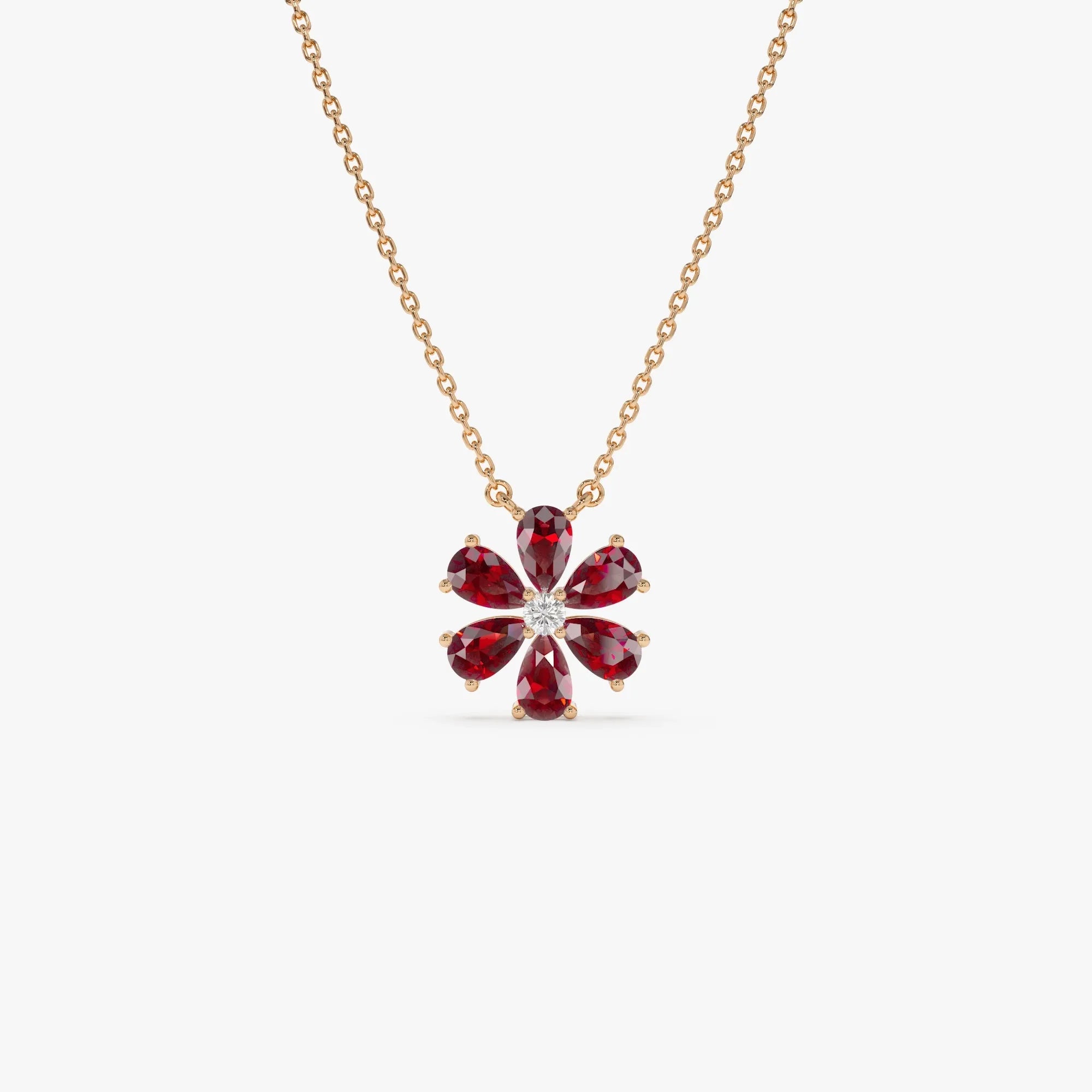 14k Solid Gold Garnet and Diamond Pear and Round Flower Necklace 1.80 Carat