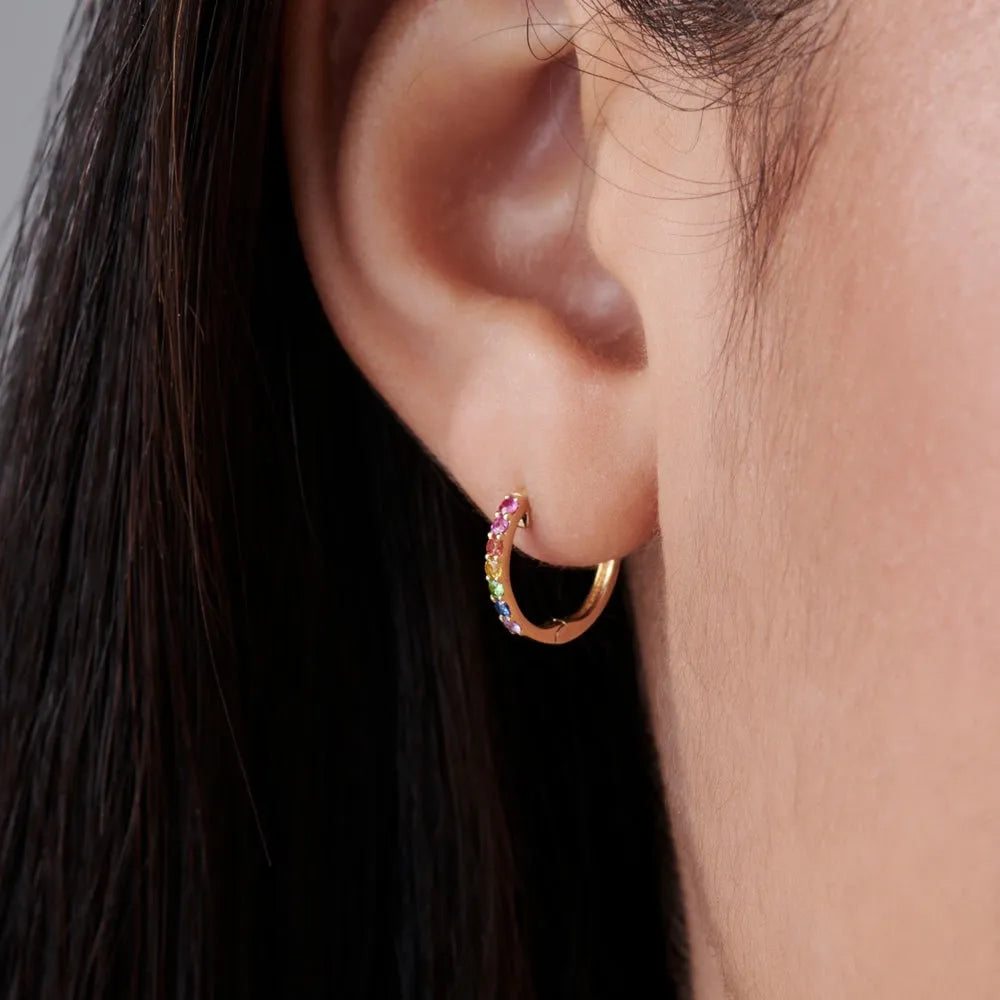 14K Solid Gold Multi Color Rainbow Gemstone Huggie Hoop Earrings 0.25 CTW