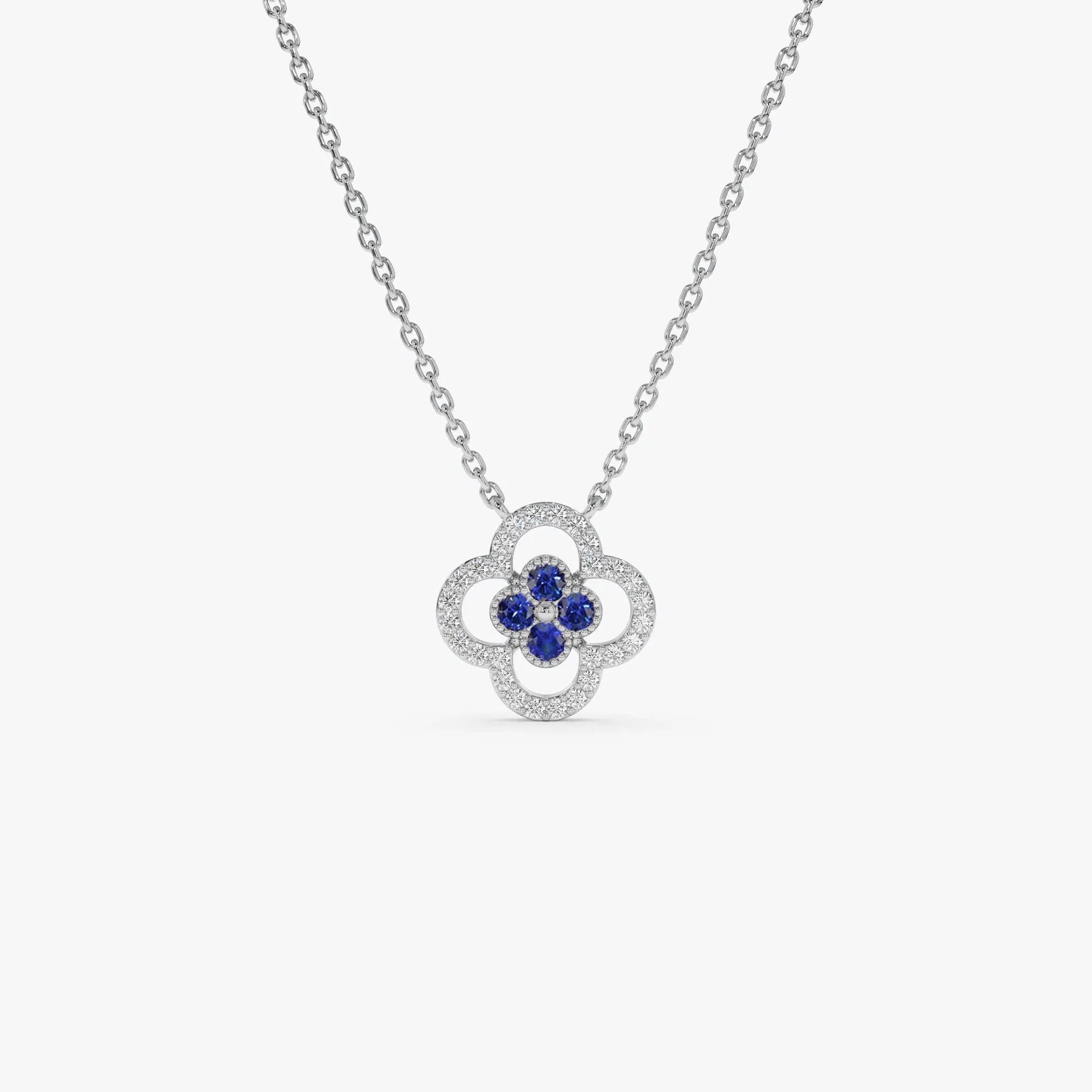 14k Solid Gold Sapphire and Diamond Round Clover Halo Pendant Necklace