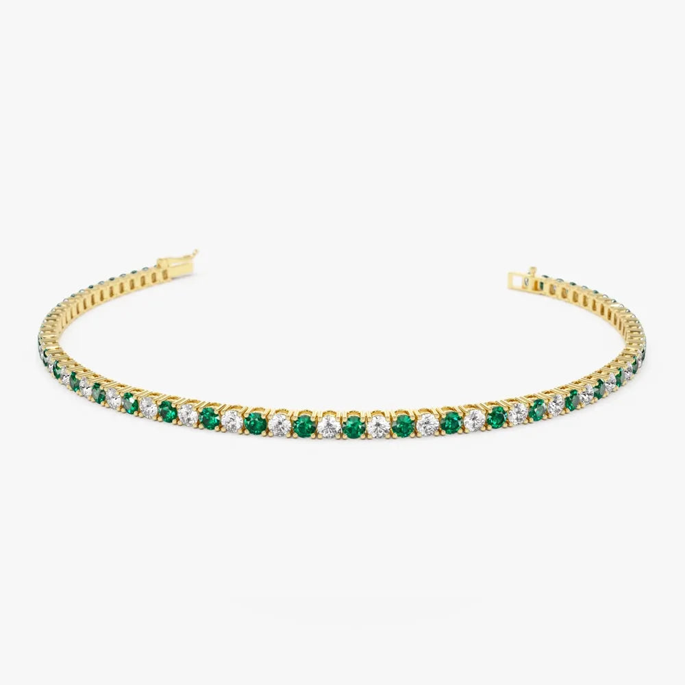 14k Gold Round Diamond and Emerald 4 Prong Tennis Bracelet