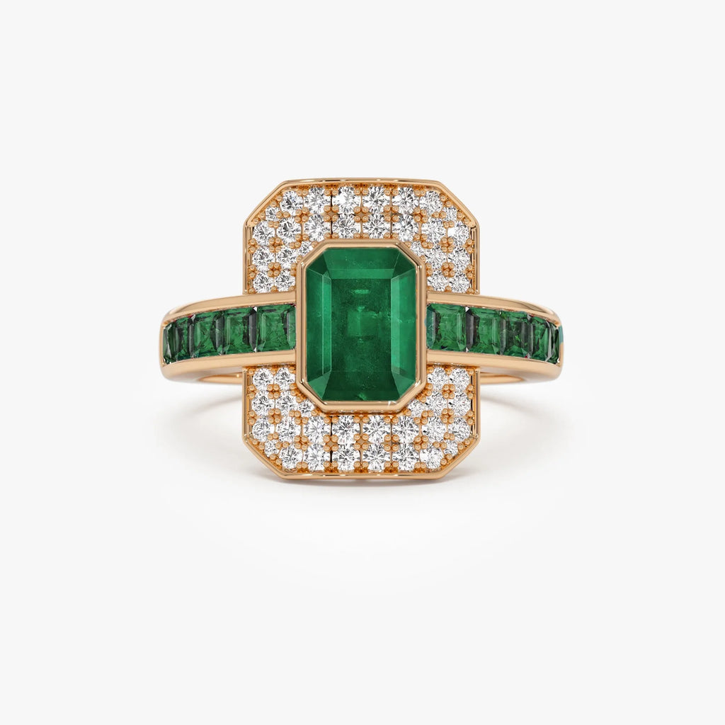 14K Gold Emerald Cut and Square Emerald Round Diamond Art Deco Ring 2.30 CTW