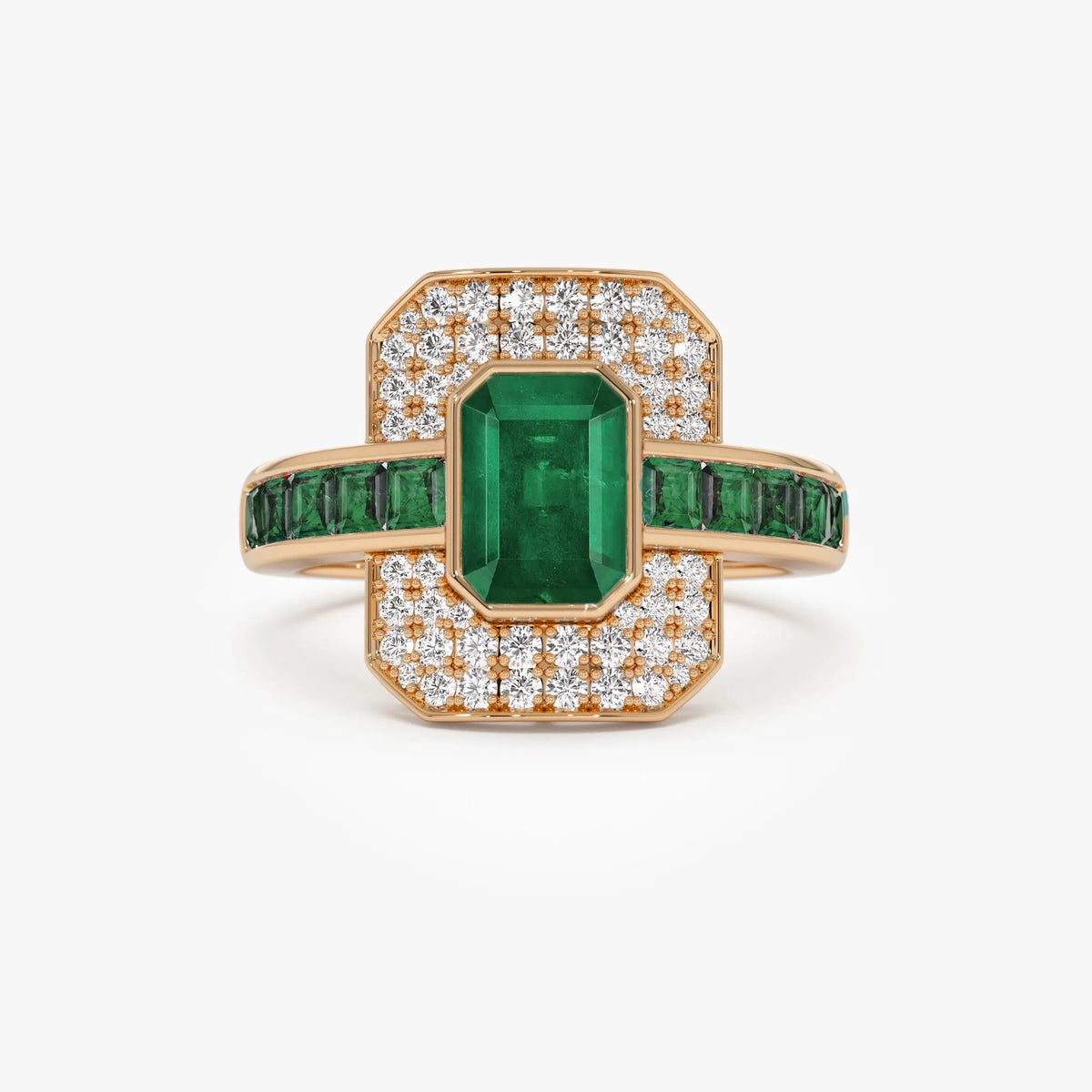 14K Gold Emerald Cut and Square Emerald Round Diamond Art Deco Ring 2.30 CTW