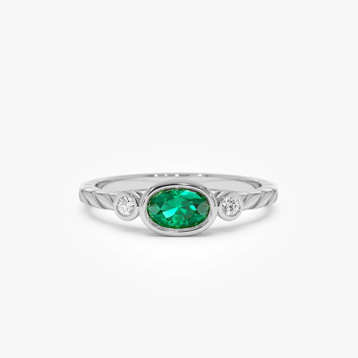 14K Gold Oval Emerald Round Diamond Three Stone Ring 0.57 CTW Custom Jewelry