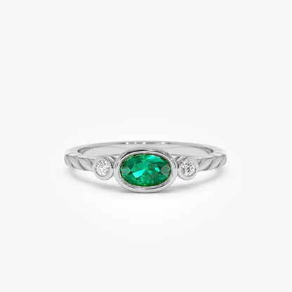 14K Gold Oval Emerald Round Diamond Three Stone Ring 0.57 CTW Custom Jewelry