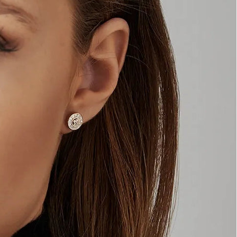 14k Gold Diamond Baguette and Round Cut Disc Stud Earrings Channel Setting 0.55 ctw