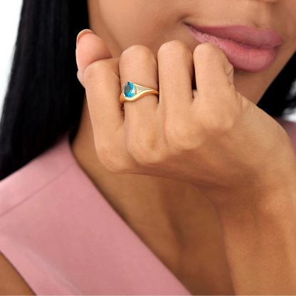 14K Solid Gold Pear Shaped London Blue Topaz 1.15ctw Statement Ring