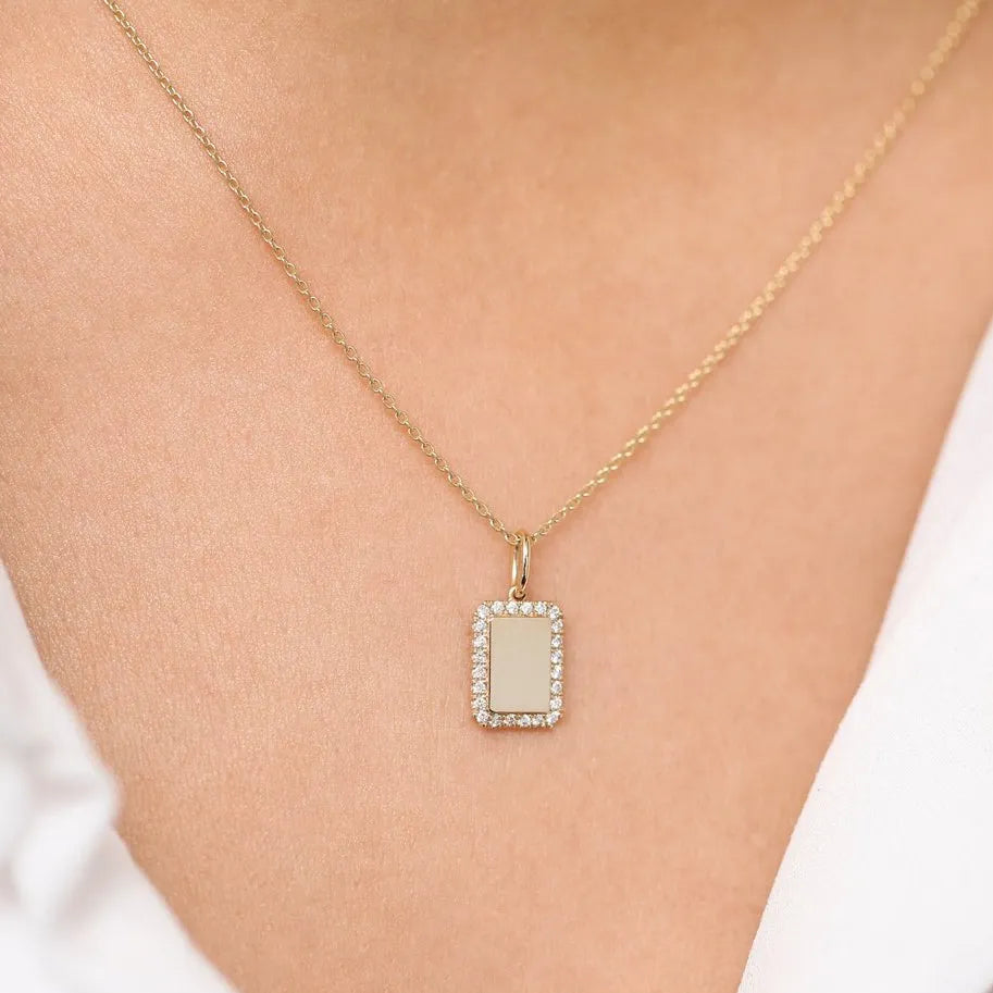 14K Solid Gold Round Diamond Tag Initial Personalized Necklace 0.18ctw